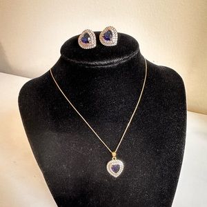 necklace and earring set Gold plated with zirconia and navy blue heart stone
